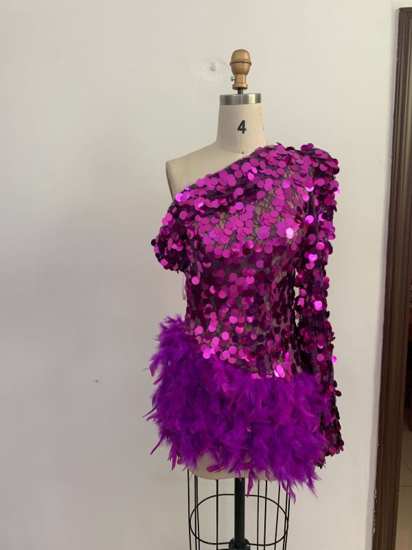 Purple Sequined Feather Skirt One-shoulder Sleeve Short Dress Luxury Party Stage Performance Dress - Image 7