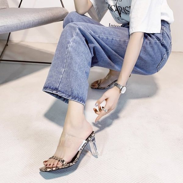 Summer Women's Crystal Thick Heel High-heel Slippers - Image 5