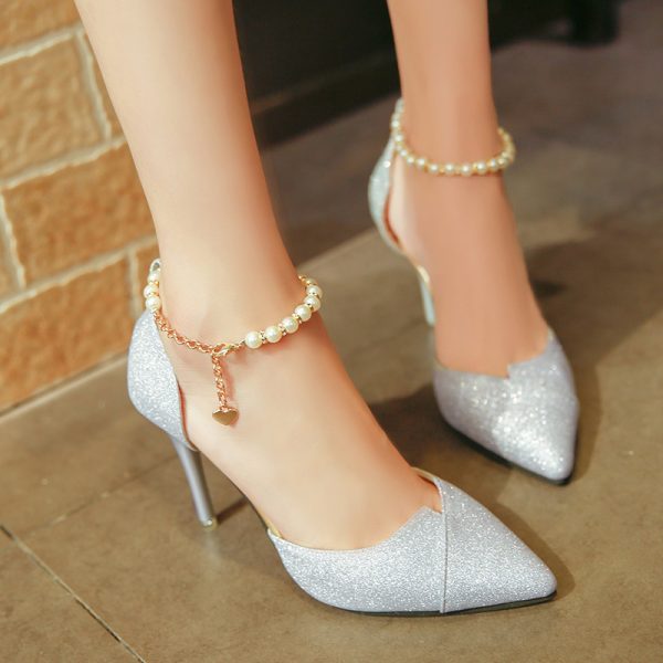 women pumps pearl bead High Heels shoes sequined bling shoes 10CM party Shoes Woman sandals golden silver point shoes - Image 5
