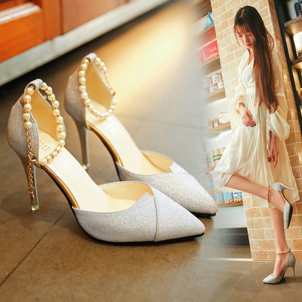 women pumps pearl bead High Heels shoes sequined bling shoes 10CM party Shoes Woman sandals golden silver point shoes - Image 3