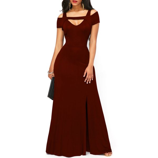 Solid Color V-neck Sexy Strapless Split Slim Fit Party Dress - Image 3