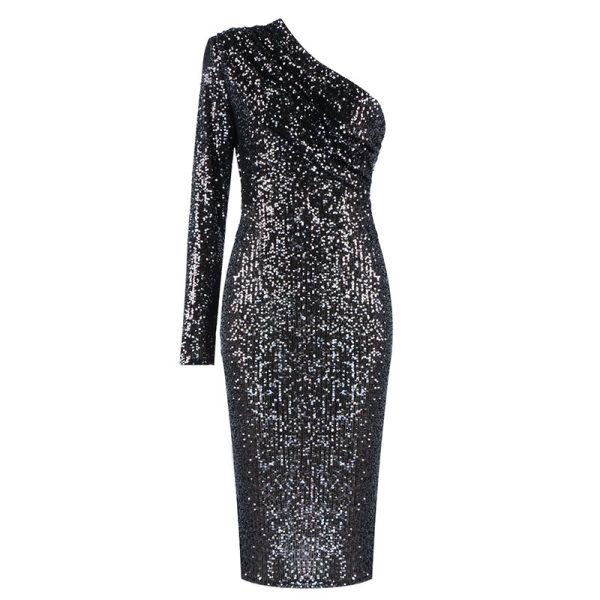 One-shoulder Dress Oblique Collar Wrapped Chest Evening Dress Fashion Sequins Nightclub Sexy - Image 4
