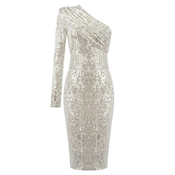 One-shoulder Dress Oblique Collar Wrapped Chest Evening Dress Fashion Sequins Nightclub Sexy - Image 2
