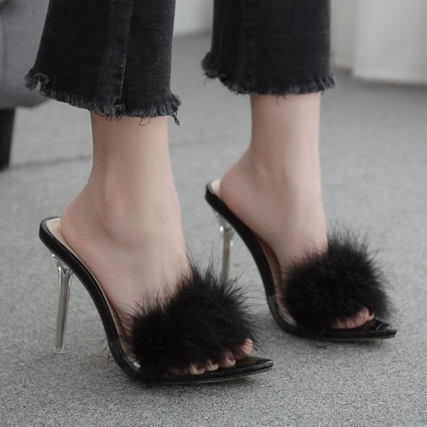 Woman Shoes Transparent Crystal High Heels Woman Feather Fur Slippers - Image 2