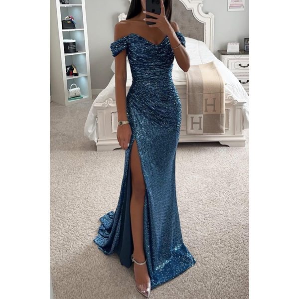 Party Sequins Off-neck Split Dress INS Casual Fashion Dress Women - Image 3