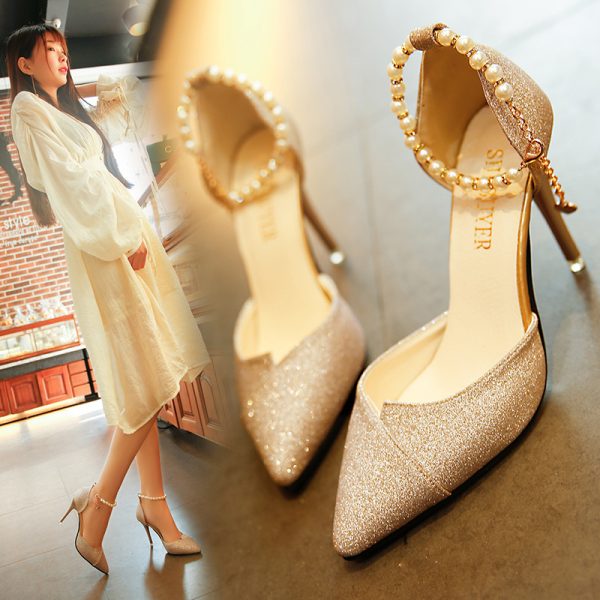 women pumps pearl bead High Heels shoes sequined bling shoes 10CM party Shoes Woman sandals golden silver point shoes - Image 2