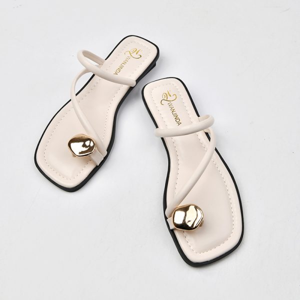 Women's Chunky Heel Small Golden Button Toe Covering Small Wedge Beach Outdoor Slippers - Image 5