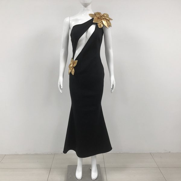 Slim-fit Bandage Golden Flower Maxi Dress - Image 3