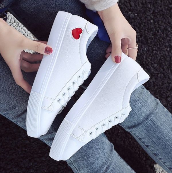Fashion New Woman PU Leather Shoes Ladies Breathable Cute Heart Flats Casual Shoes White Sneakers - Image 4
