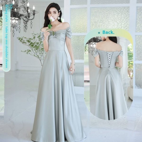 2024 Avocado Green Sisters Group Dress Skirt Women Satin Spring - Image 3