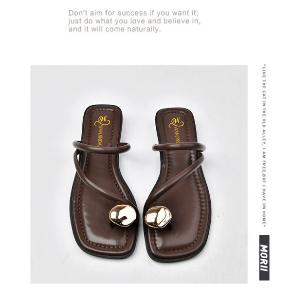 Women's Chunky Heel Small Golden Button Toe Covering Small Wedge Beach Outdoor Slippers - Image 9