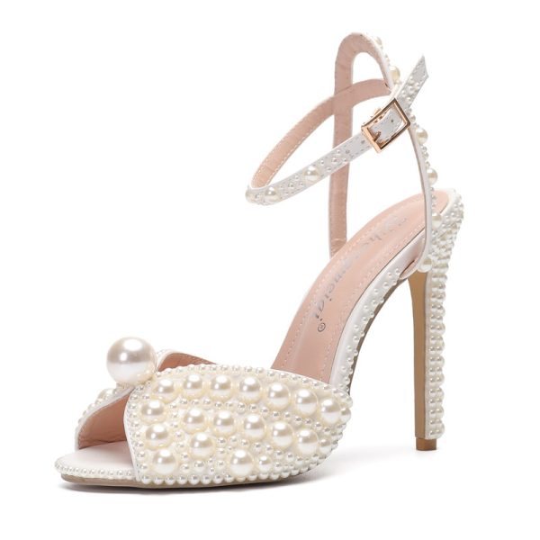 New Peep-toe Shallow Mouth Rhinestone Pearl Woman High-heeled Shoes - Image 9