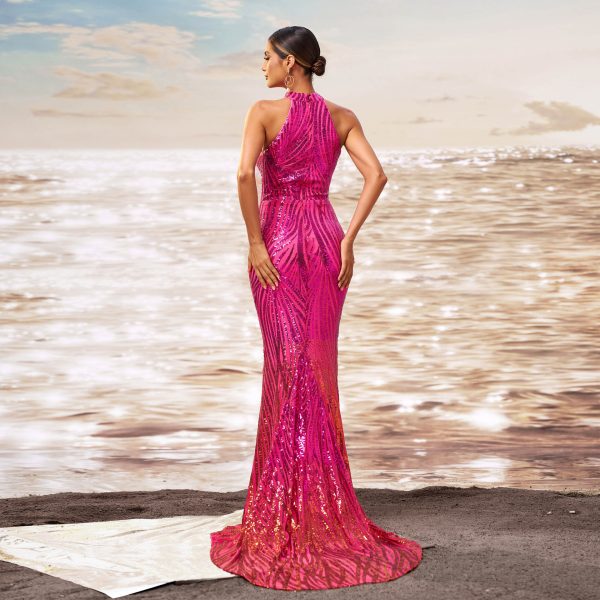 Round Neck Off-the-shoulder Slim-fit Sheath Sequined Banquet Fishtail Evening Dress - Image 5