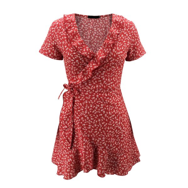 European And American Summer V-neck Ruffled Lace A-line Slim Dress - Image 4