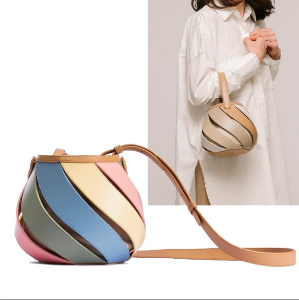 Cylindrical Contrast Color Portable Messenger Diamond Quilted Stitching Bucket Bag - Image 6