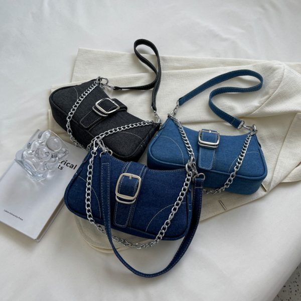 Denim Shoulder Bags Women's Fashion Chains Handbag Crossbody Bags Small Square Armpit Bag - Image 3