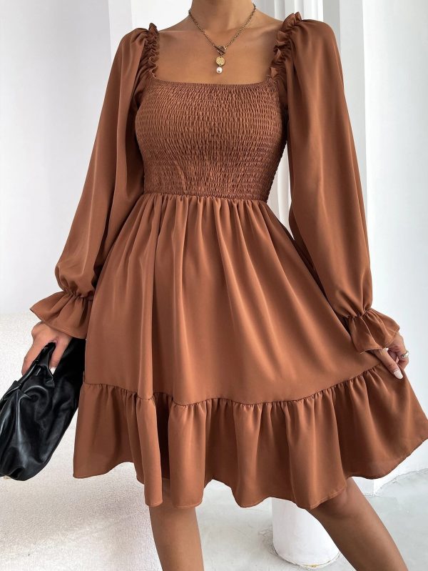 Flared Long Sleeve Dresses Women Square Neck Ruffled Swing Dress - Image 6
