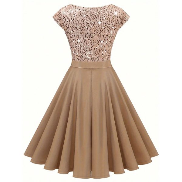 Women's Elegant Sequin V Neck Cap Sleeves Pleated Evening Cocktail Dress - Image 4