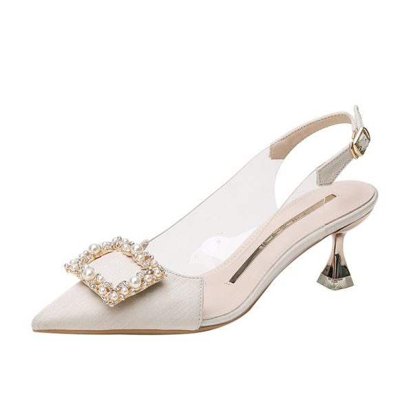 High Heel Sandals New Style Baotou One Word Buckle Pointed Thin Heel Rhinestone Sandals - Image 7