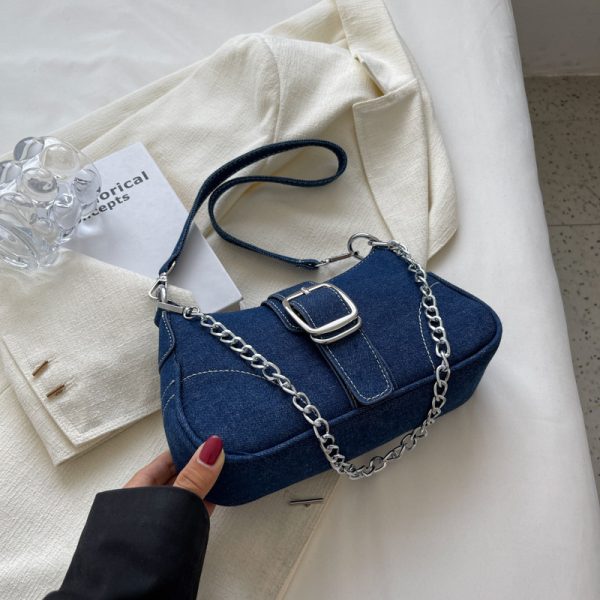 Denim Shoulder Bags Women's Fashion Chains Handbag Crossbody Bags Small Square Armpit Bag - Image 2