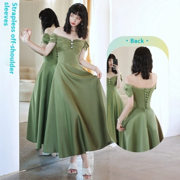 2024 Avocado Green Sisters Group Dress Skirt Women Satin Spring - Image 4