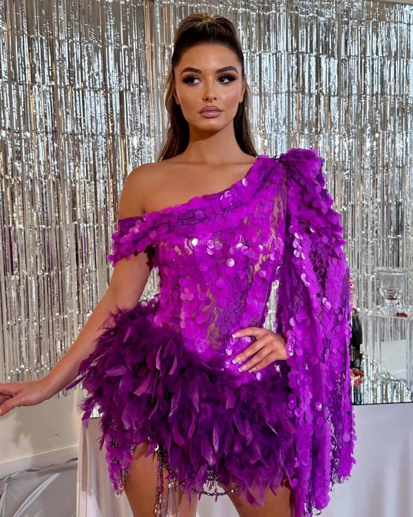 Purple Sequined Feather Skirt One-shoulder Sleeve Short Dress Luxury Party Stage Performance Dress - Image 10