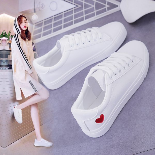 Fashion New Woman PU Leather Shoes Ladies Breathable Cute Heart Flats Casual Shoes White Sneakers - Image 5