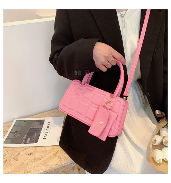 Candy Color Shoulder Bag With Small Wallet Fashion Grid Texture Totes Women Handbag - Image 9