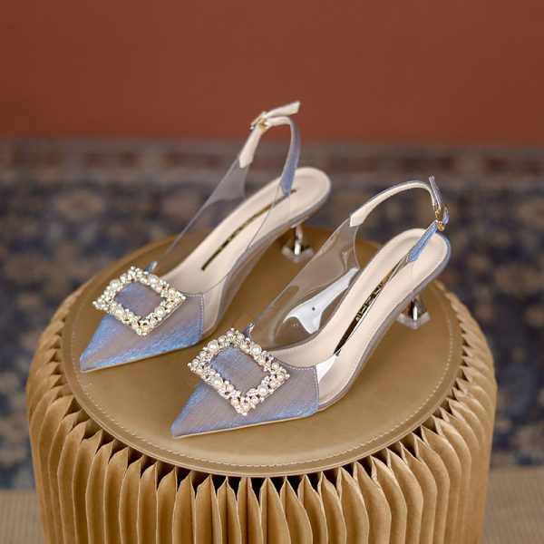 High Heel Sandals New Style Baotou One Word Buckle Pointed Thin Heel Rhinestone Sandals - Image 8