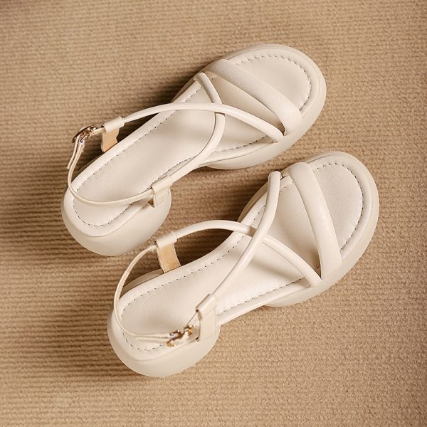 Round Head Chunky Heel Fashion Thin Strap Woven Sandals - Image 2
