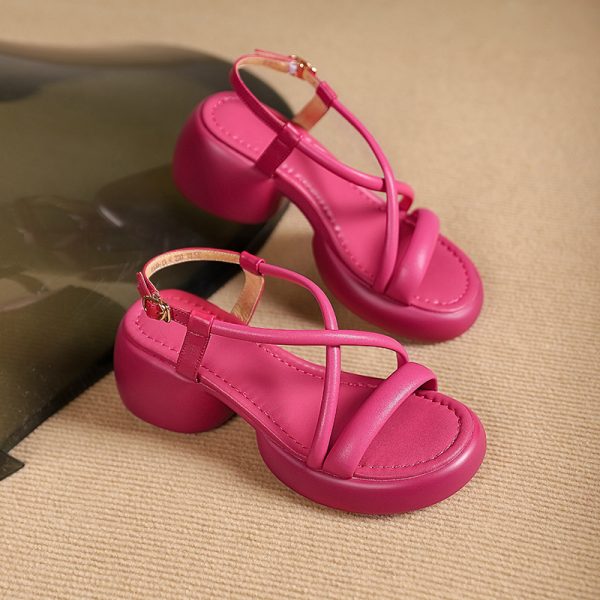 Round Head Chunky Heel Fashion Thin Strap Woven Sandals - Image 8
