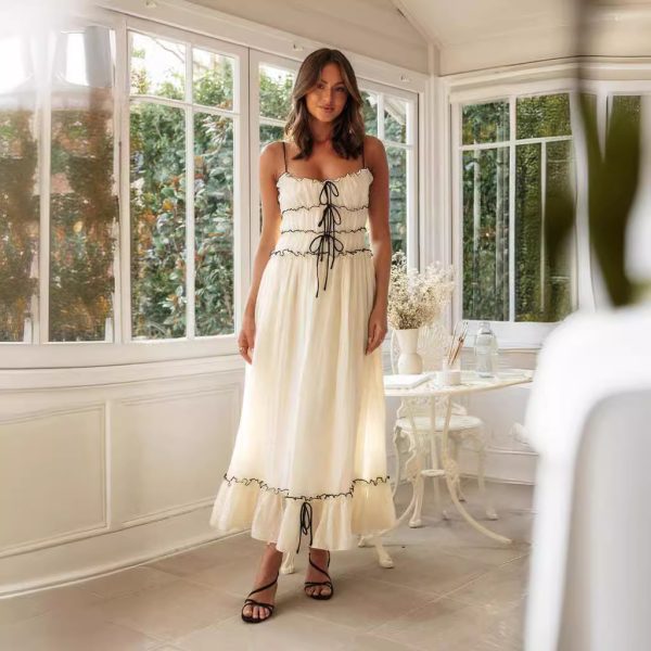 Summer Suspender Spaghetti Strap Long Dresses With Bow Pleat Design Fashion Sweet Bow Beach Dress For Womens Clothing - Image 5