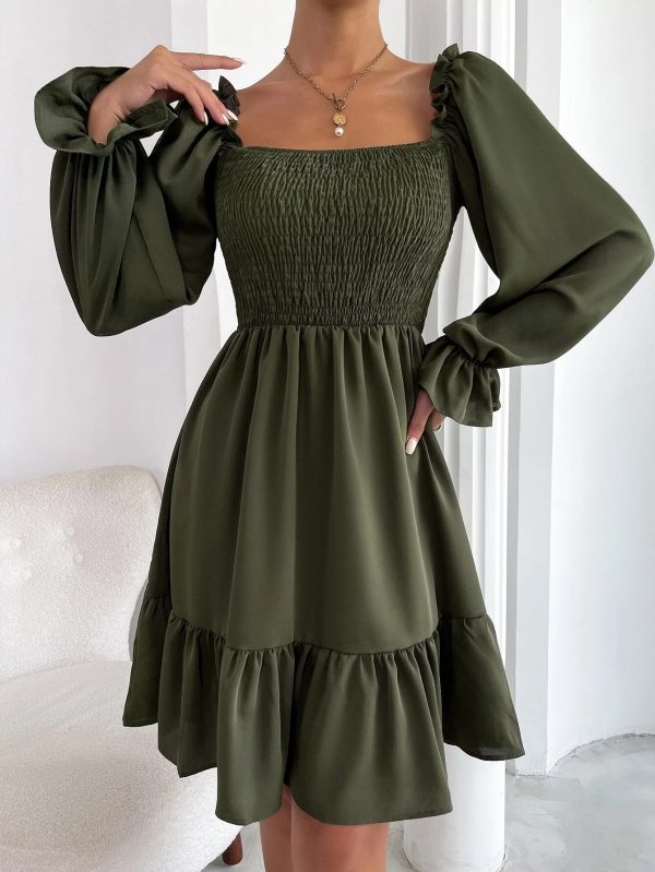 Flared Long Sleeve Dresses Women Square Neck Ruffled Swing Dress - Image 5