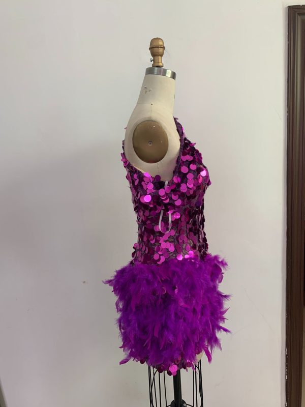 Purple Sequined Feather Skirt One-shoulder Sleeve Short Dress Luxury Party Stage Performance Dress - Image 6
