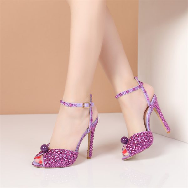 New Peep-toe Shallow Mouth Rhinestone Pearl Woman High-heeled Shoes - Image 5