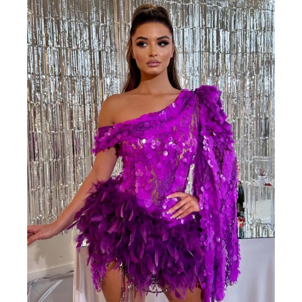 Purple Sequined Feather Skirt One-shoulder Sleeve Short Dress Luxury Party Stage Performance Dress - Image 3