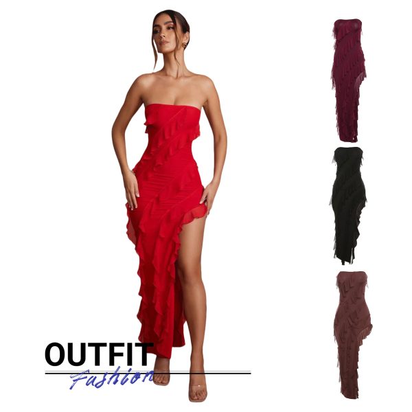 2024 Summer Trend Skinny Women's Fashion Tube Top Backless Split Tassel Dress Birthday Party Clubwear - Image 5