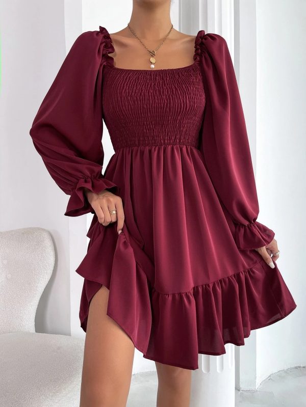 Flared Long Sleeve Dresses Women Square Neck Ruffled Swing Dress - Image 3