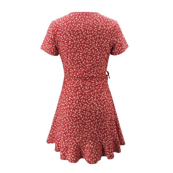 European And American Summer V-neck Ruffled Lace A-line Slim Dress - Image 3