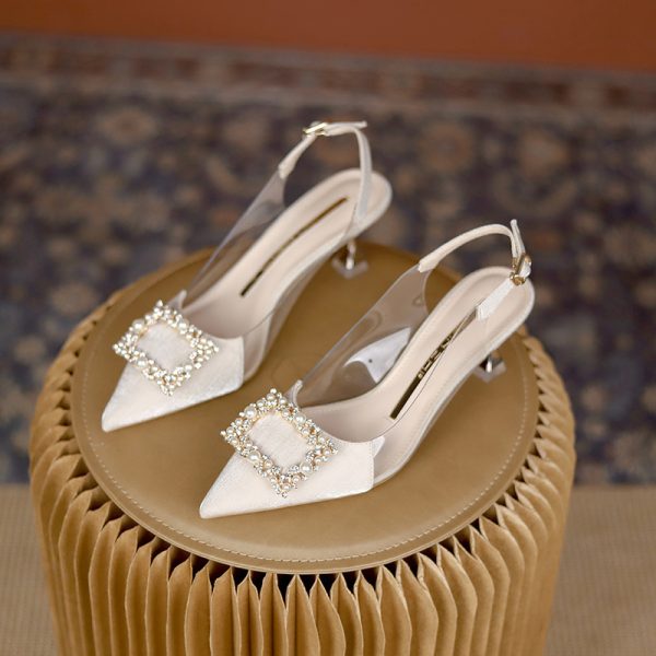 High Heel Sandals New Style Baotou One Word Buckle Pointed Thin Heel Rhinestone Sandals - Image 2
