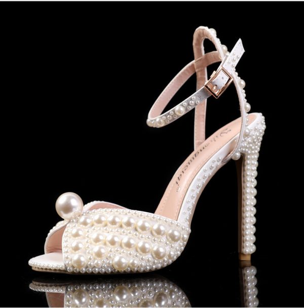 New Peep-toe Shallow Mouth Rhinestone Pearl Woman High-heeled Shoes - Image 2