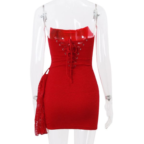 Strapless Lace Dress Party Women Fashion And Sexy Slim Skirt With Back Lace-up Design - Image 5