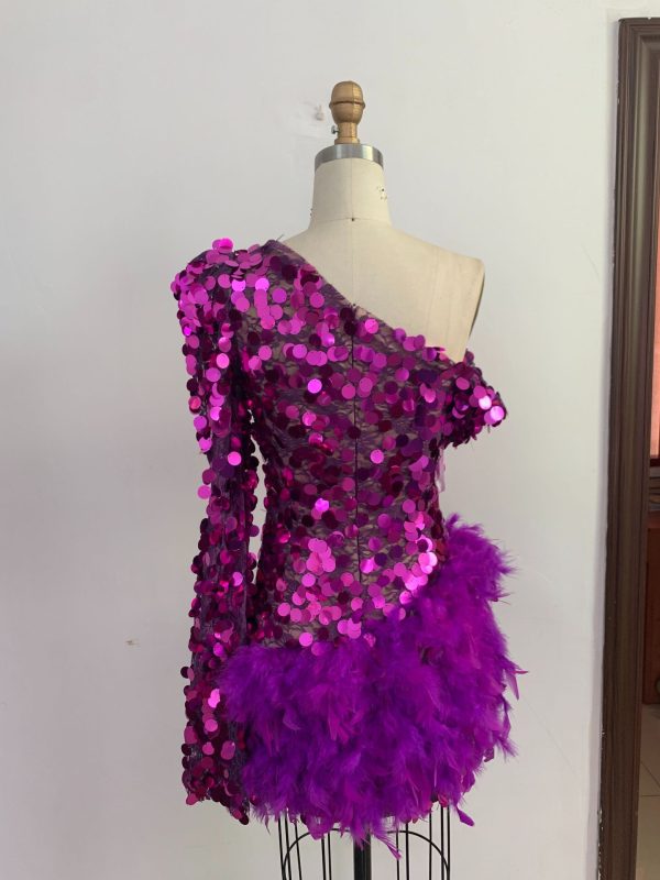 Purple Sequined Feather Skirt One-shoulder Sleeve Short Dress Luxury Party Stage Performance Dress - Image 5
